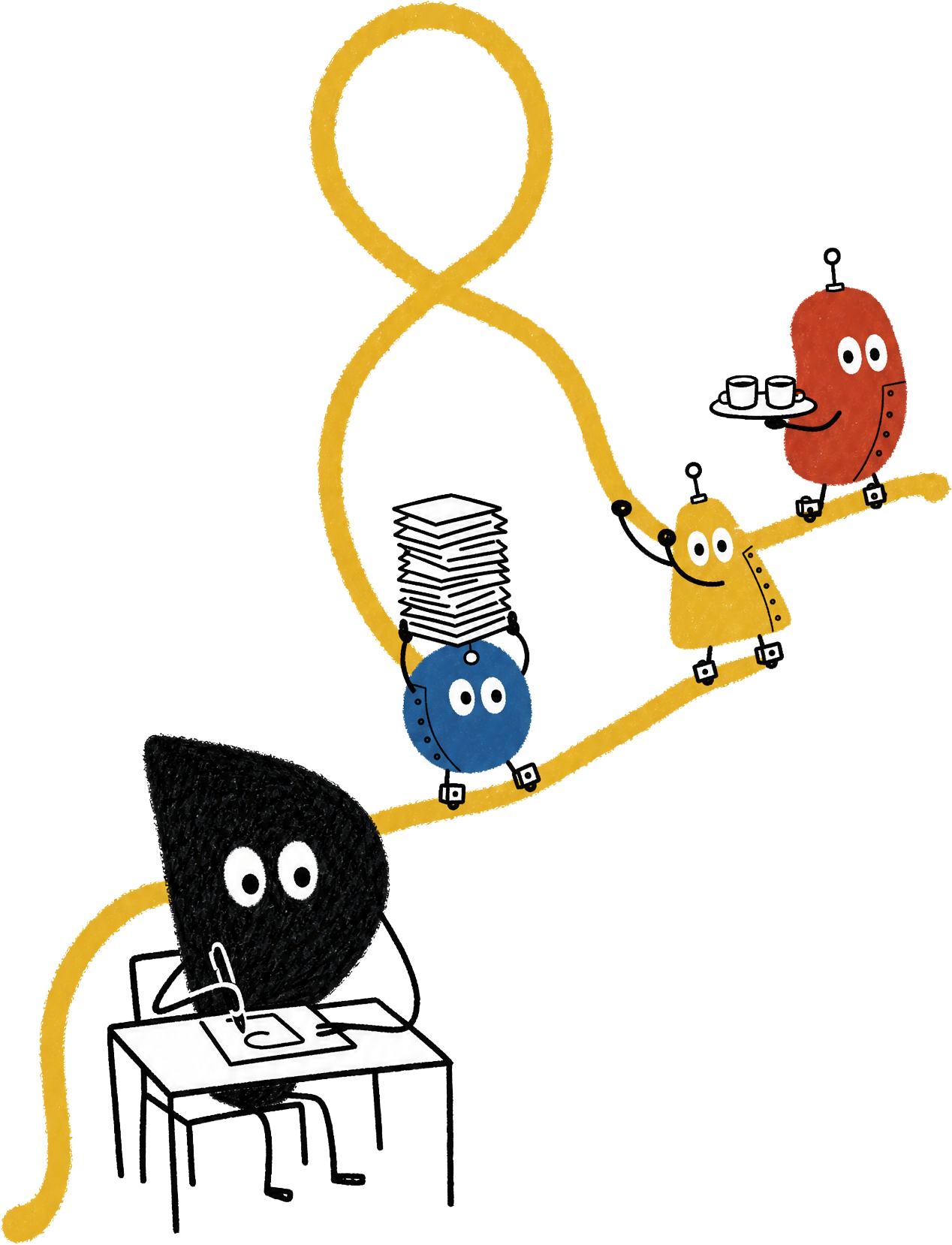 Hand-drawn creature sketching at a desk while three smaller helpers carry papers and coffee along a yellow ribbon.