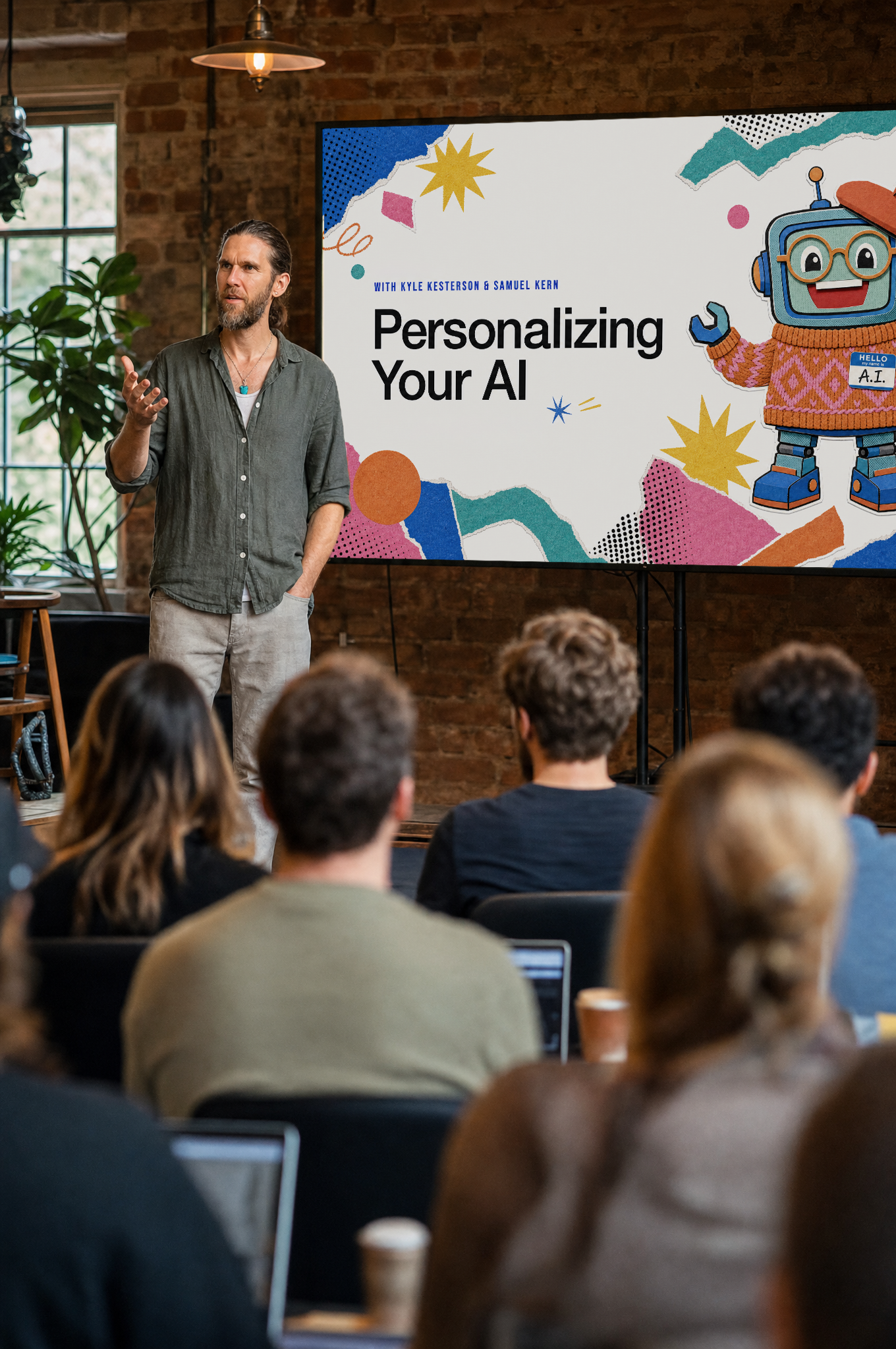 Kyle Kesterson teaching a Personalizing Your AI session to a room of people in a brick studio.