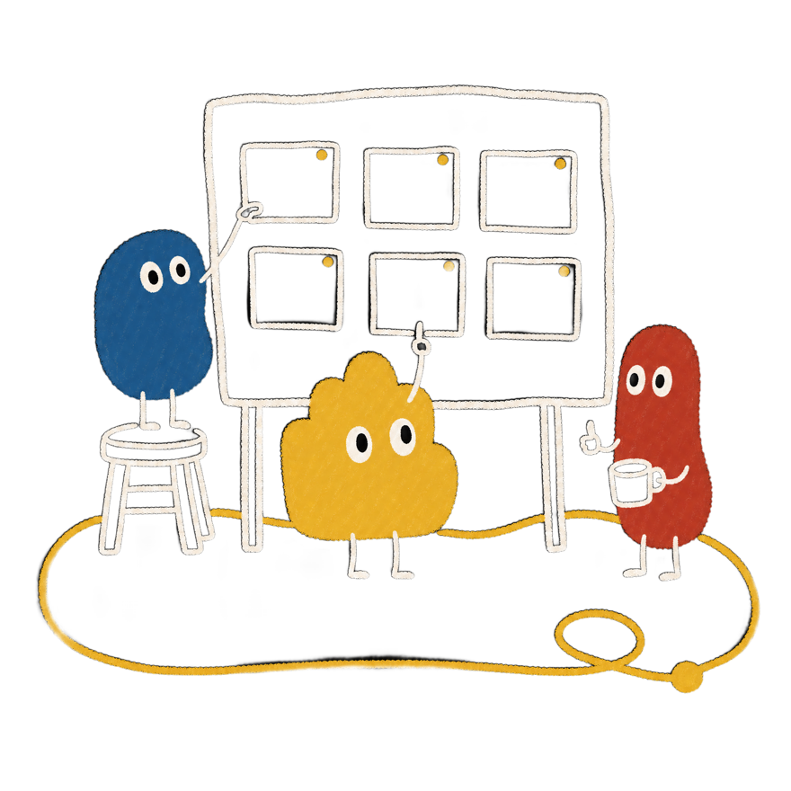 Three hand-drawn creatures at a whiteboard covered in pinned cards: one presenting from a stool, one holding coffee.